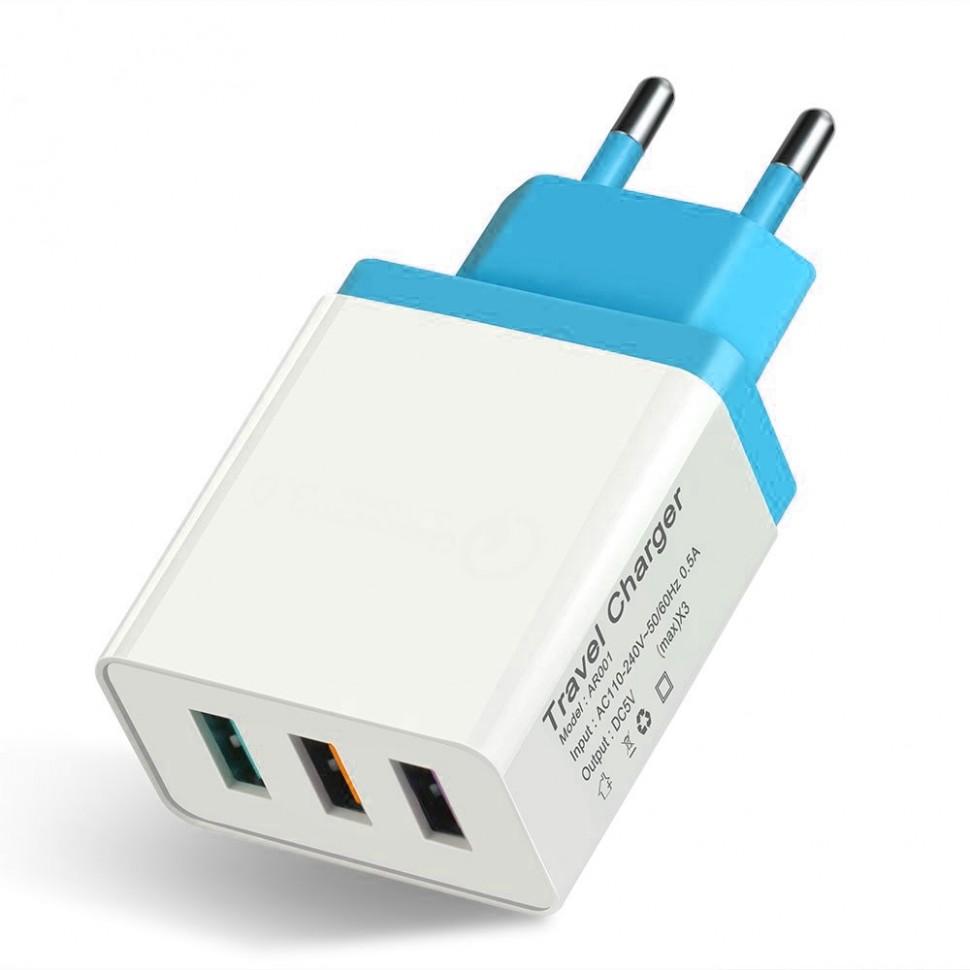 Сетевое зарядное устройство Travel Charger AR001 2.4А на 3 USB, голубое