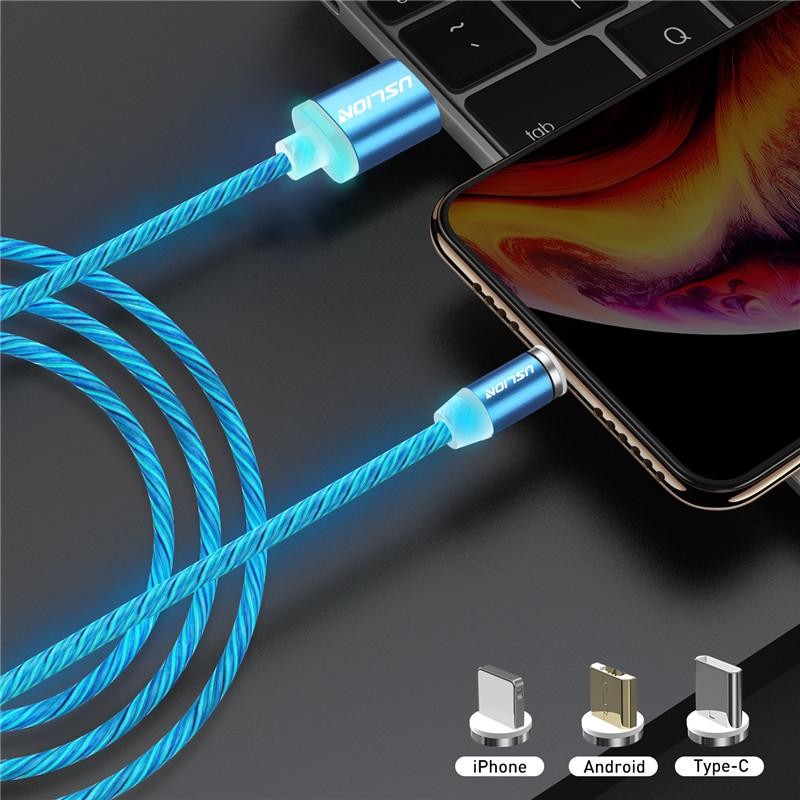 Магнитный кабель светящийся USB - Lightning / Micro USB / Type-C, синий